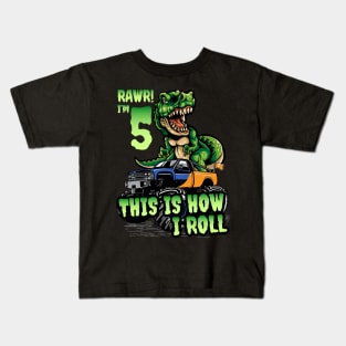 5 Years Old Boy Birthday Dinosaur Trex Monster Truck Kids T-Shirt